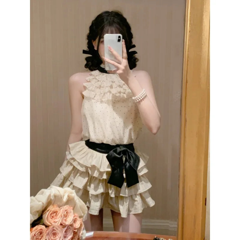 MQTIME - Chiffon 2 Piece Skirts Sets Outwear Casual Y2k Crop Tops Sleeveless + Mini Skirts Korean Fashion Suits 2000s Vintage Clothing
