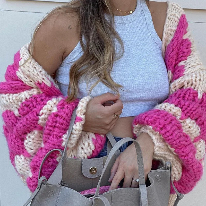 nvxiot - Stripe Pattern Cropped Cardigans Vintage Lantern Sleeves Knitted Sweater Aesthetic Y2k Knitwear Coat Women Autumn Outwear Street