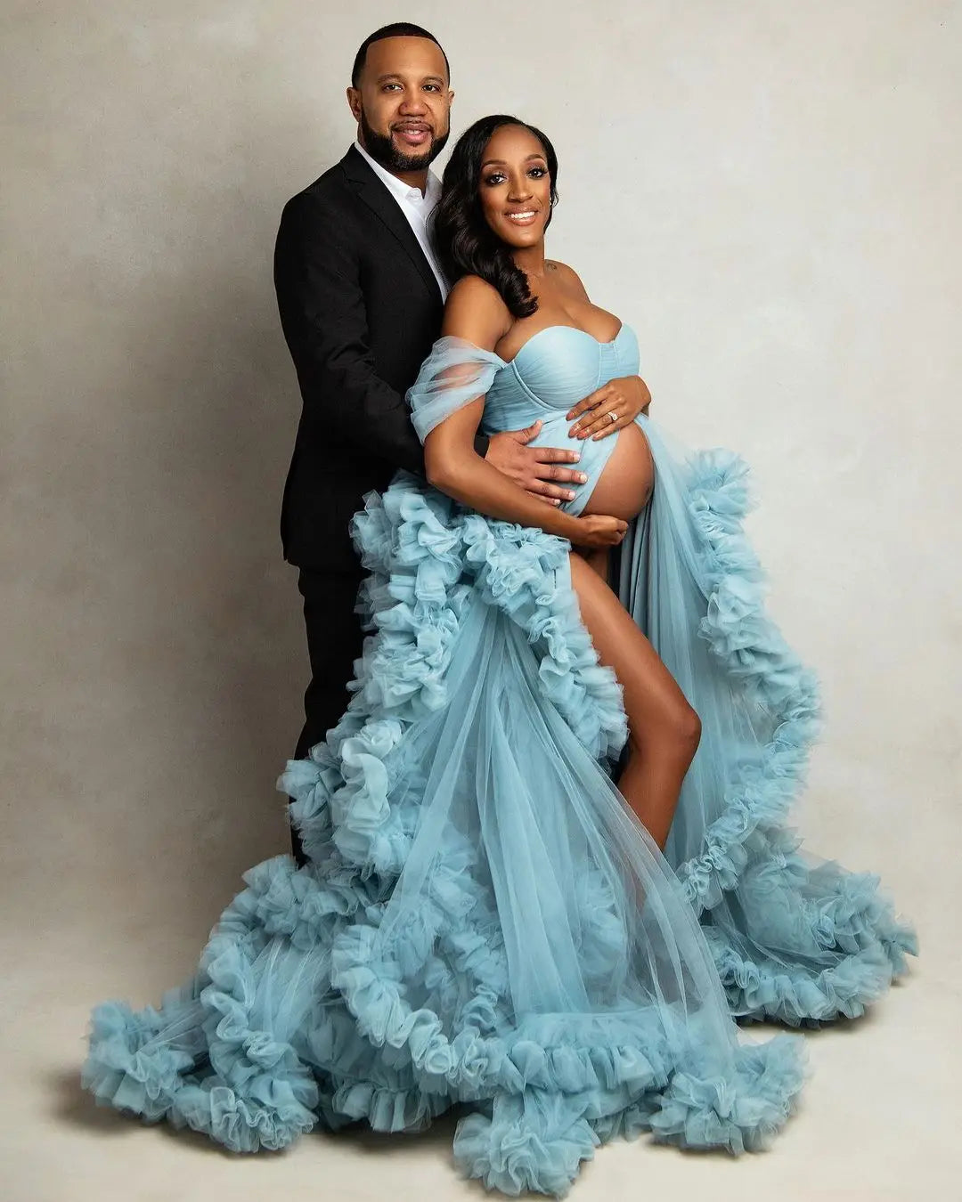 nvxiot - Blue Tulle Maternity Gown Mother and Daughter Photoshoot Dress Long Fluffy Pregnancy Ruffled Photography Dresses