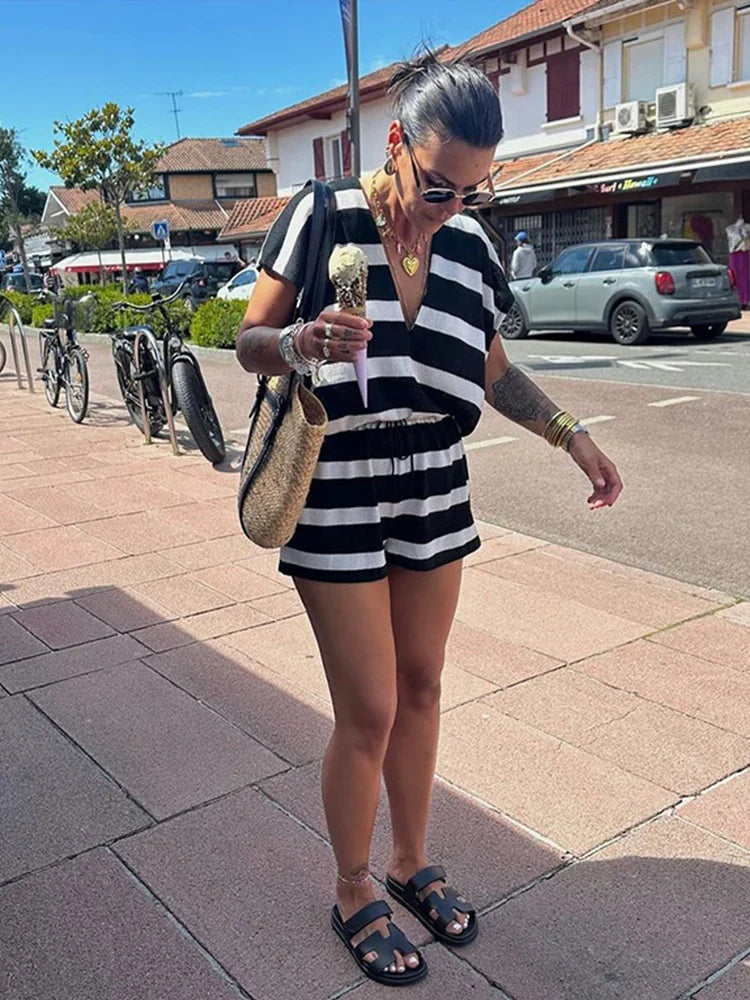 MQTIME - Casual Striped Women Short Suits V-neck Loose T-shirt Lace Up High Waist Mini Shorts 2024 Summer New Chic Female Two Pieces Sets