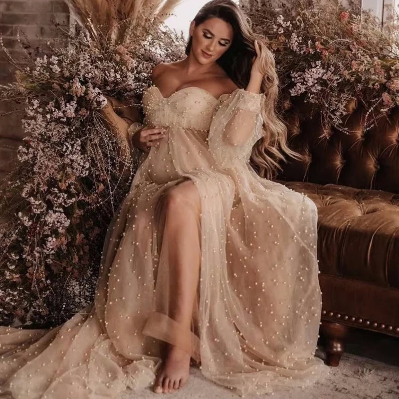 nvxiot - Pearl Tulle Maternity Dress for Photoshoot Long Puffy Sleeve Off Shoulder Babyshower Bridal Pregnancy Gowns