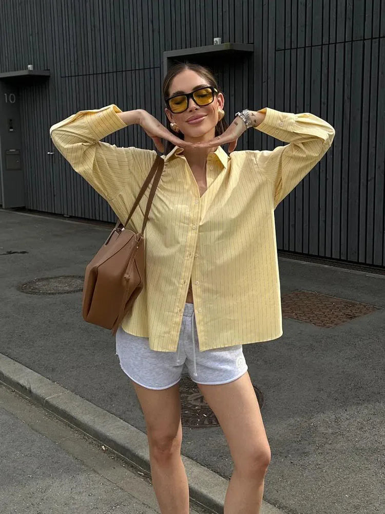 MQTIME - Blouse Women Summer New Fashion Yellow Lapel Striped Single Button Breasted Shirts Female Chic Casual Simple Shirt TRAF