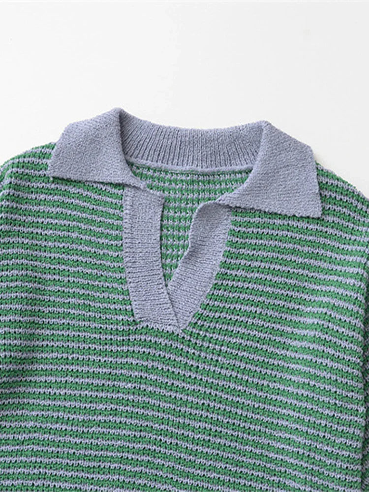 nvxiot - Knitted Contrast Top Set Women Green Lapel V-neck Pullover High Waist Short Pants Suit Female 2024 Autumn Casual Chic Outfit