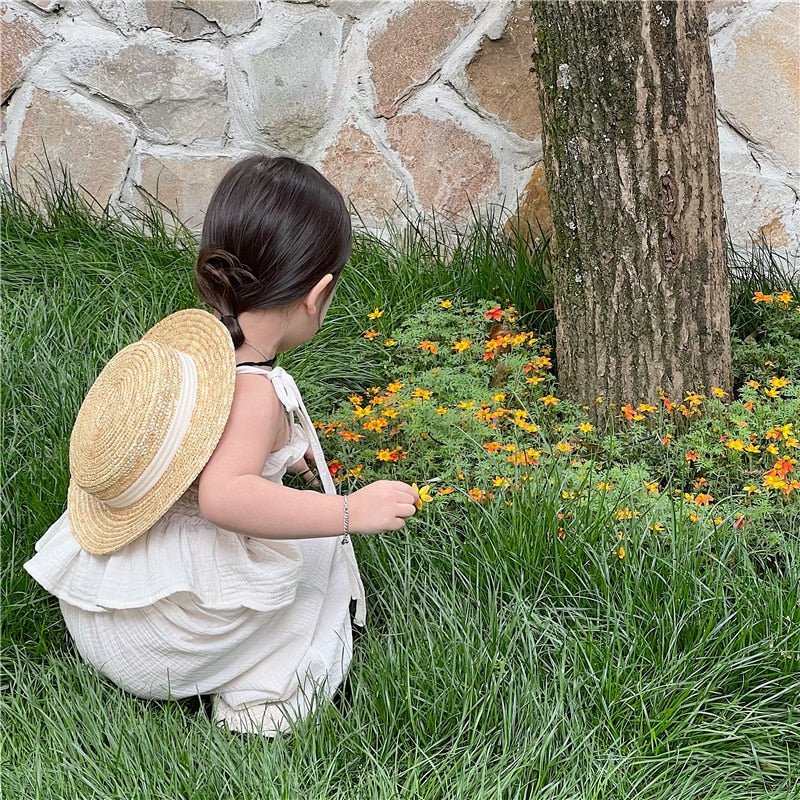 nvxiot Korean Children Kids Clothing Set Girls Summer Organic Cotton Tie Tank Sling Smocked Top Lace Wide Leg Pants Trousers Outfits