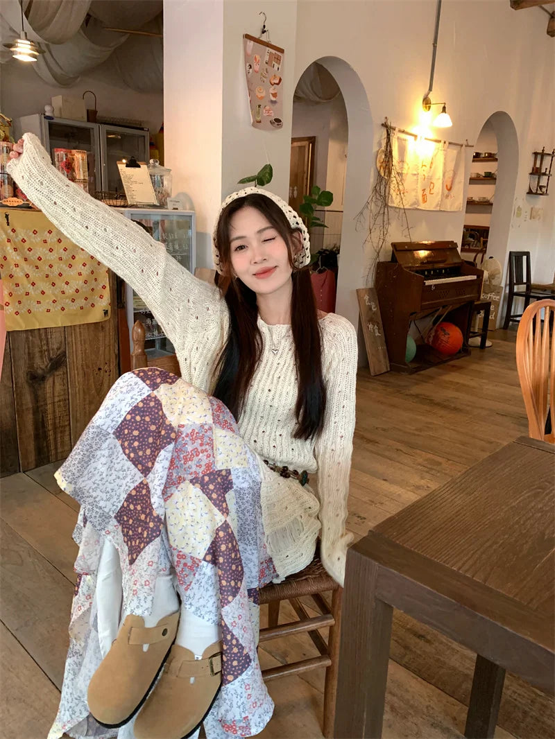 MQTIME - Chiffon Flower Plaid Skirt Midi Long Skirts Elastic Waist Women #e-girl fairycore 2000s aesthetic korean cloth boho holiday cute