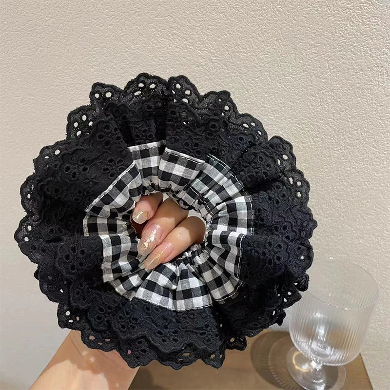 nvxiot - Retro Korean Flower Lace Scrunchies Four Layer Women Girls Exquisite Elastics Plaid Large Intestine Hair Holder Sweet INS Access
