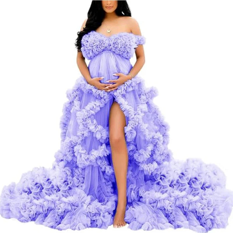 MQTIME - Maternity Photoshoot Tulle Maxi Gown Baby Shower Dress Tiered Ruffles Party