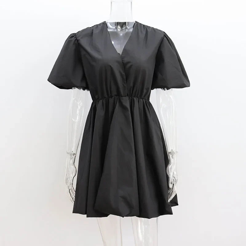 nvxiot Elegant V-Neck Lantern Pleated White Dresses For Women Fashion Solid Party Summer Mini Dress Princess Dress Vestidos