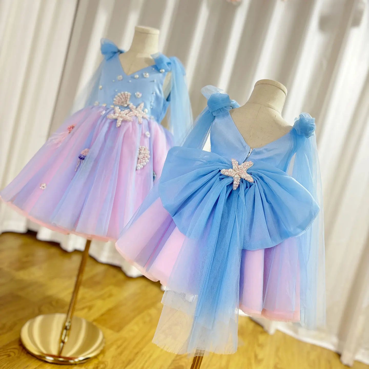 MQTIME - Luxury Sky Blue Baby Flower Girl Dresses Beaded Arab Pearls Princess Kids Gown for Birthday Wedding Evening Party J072