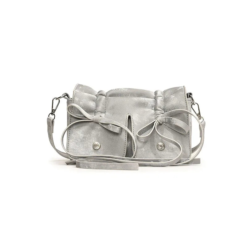 nvxiot - 2024 Korean Fashion Fold Bow Handbags Small Square Shoulder Bags For Women Black White Pink Silver Trendy Daily Shopping HandBag