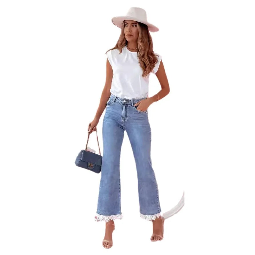 nvxiot - Europe and The United States in The Summer of 2024, The New High-waisted Slim Temperament Micro-pants and Lace Long Jeans