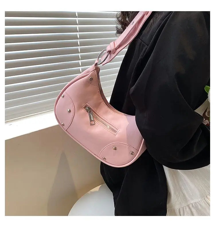 nvxiot - Y2k Grunge Rivet Hobos Bags Women 2023 Hot Girls Soft Chic Casual Crossbody Bags Female Vintage Harajuku Pink Handbags