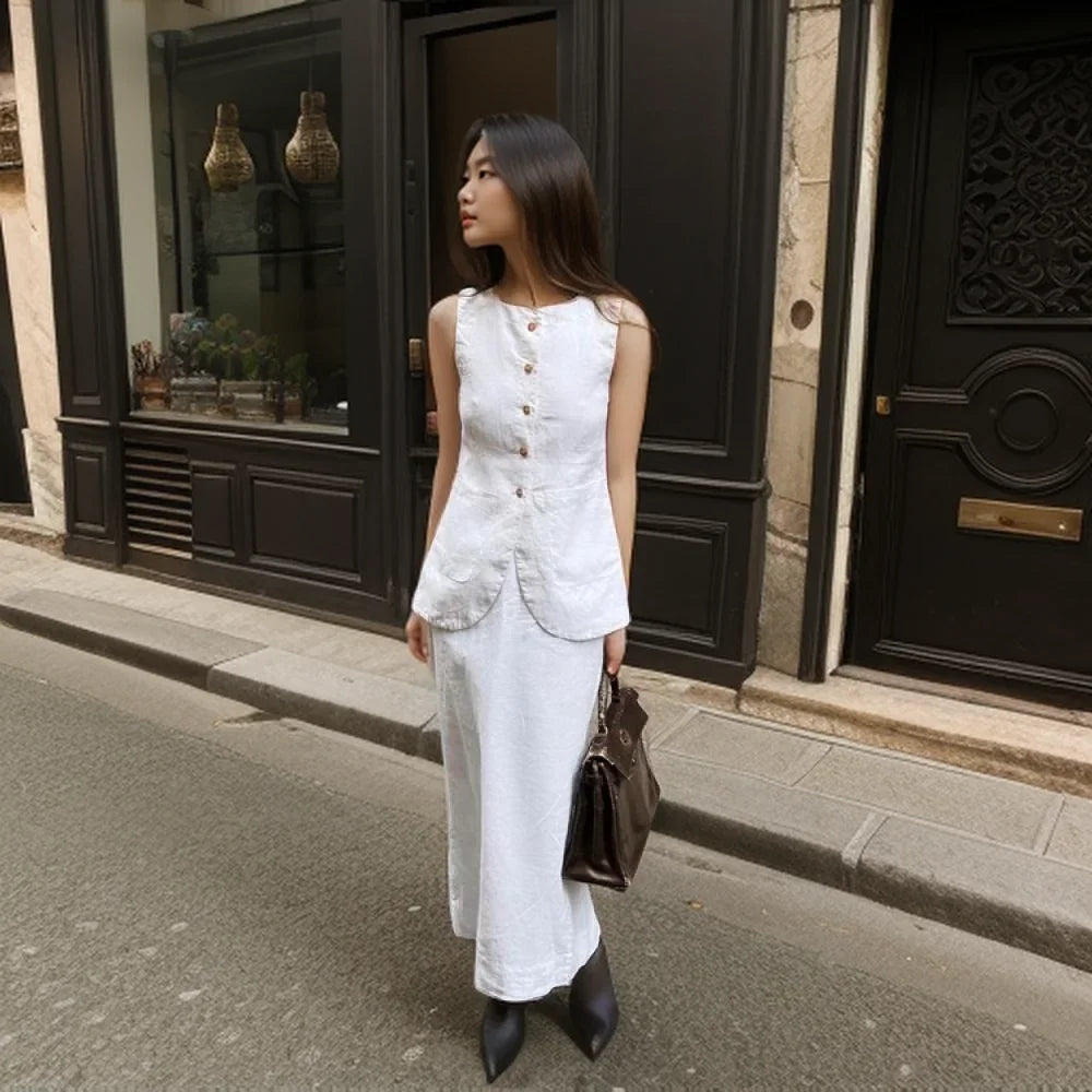 MQTIME - Women Vintage Buttons Vest Set Fashion Sleeveless Square Collar Waistcoat Blouse White High Waisted Skirt Commuting Work Clothes