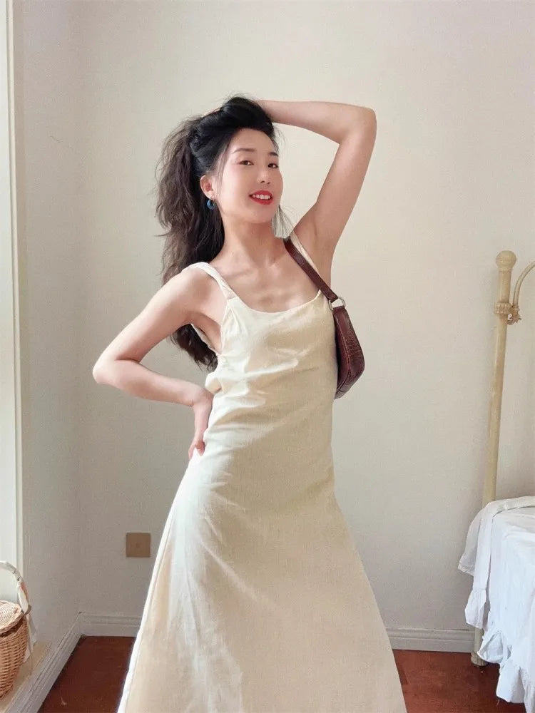 nvxiot - Open Back Cotton And Linen Dress For Women, Elegant And Fashionable Summer, Twisted Shoulder Straps, Vacation Strap Long Dress