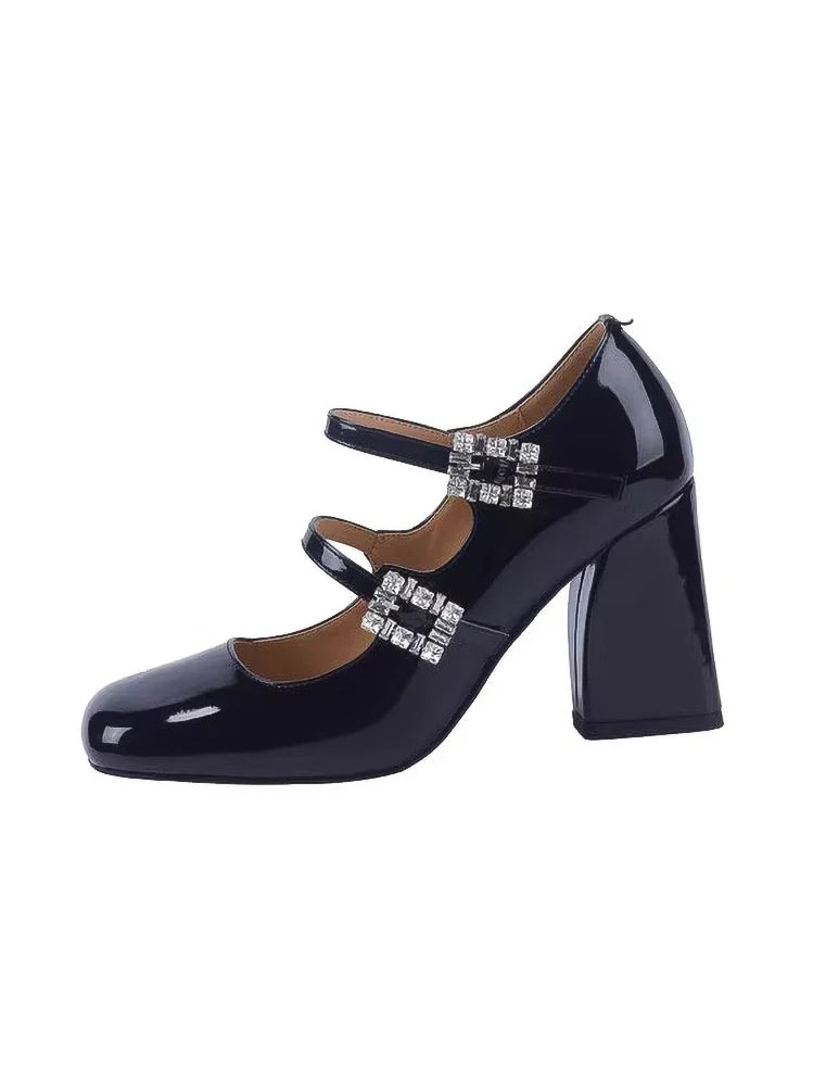 MQTIME - 2024 Spring Retro Rhinestone Mary Jane Women Shoes French Shallow Leather Single Shoes Chunky Heel High Shoes High Heels Women