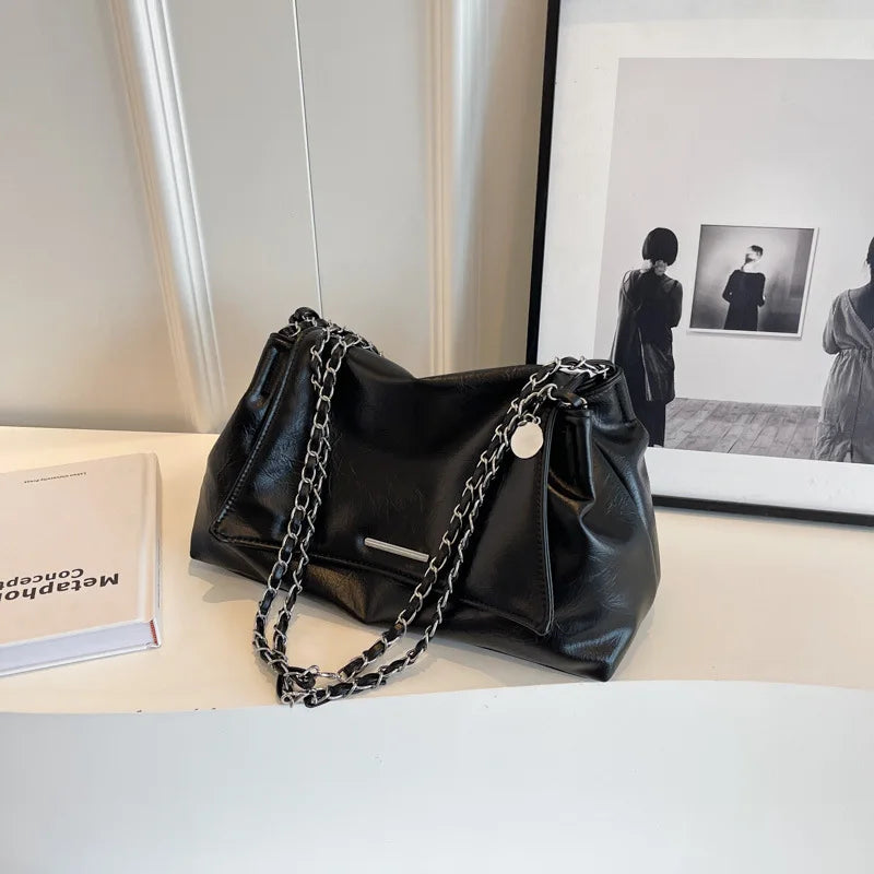 nvxiot - Fashion Black White Pu Shoulder Bag Simple Soft Big Capacity Handbags for Women 2024 New Trendy Shopping Underarm Shoulder Bag