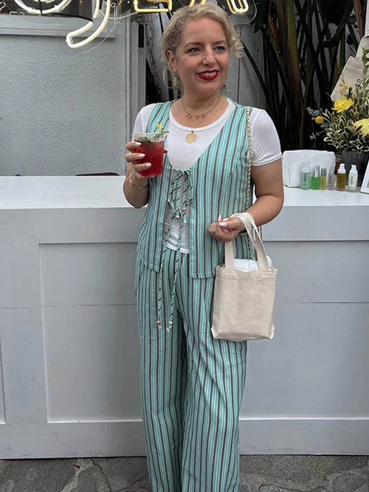 nvxiot - Striped Pants Suit Two-Piece Set 2024 Summer Lace Up Hollow V-neck Vest Drawstring Wide Leg Trousers Sets Fashion Lady Outfits