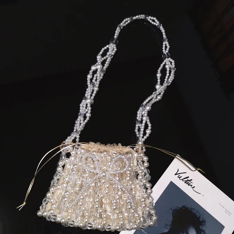 nvxiot - New Design Women's Handbag Fashion Hand-weave Pearl Beads Cute Bow Shoulder Bags Banquet Dinner Party Daily Handbags Female