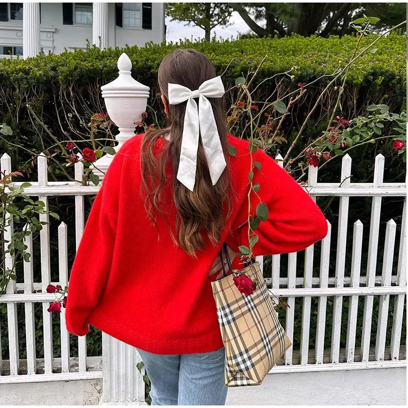 nvxiot Fashion Red Round Collar Knitted Sweater For Women Autumn Loose Knitted Pullover Female High Street Long Sleeve Lady Chic Jumper