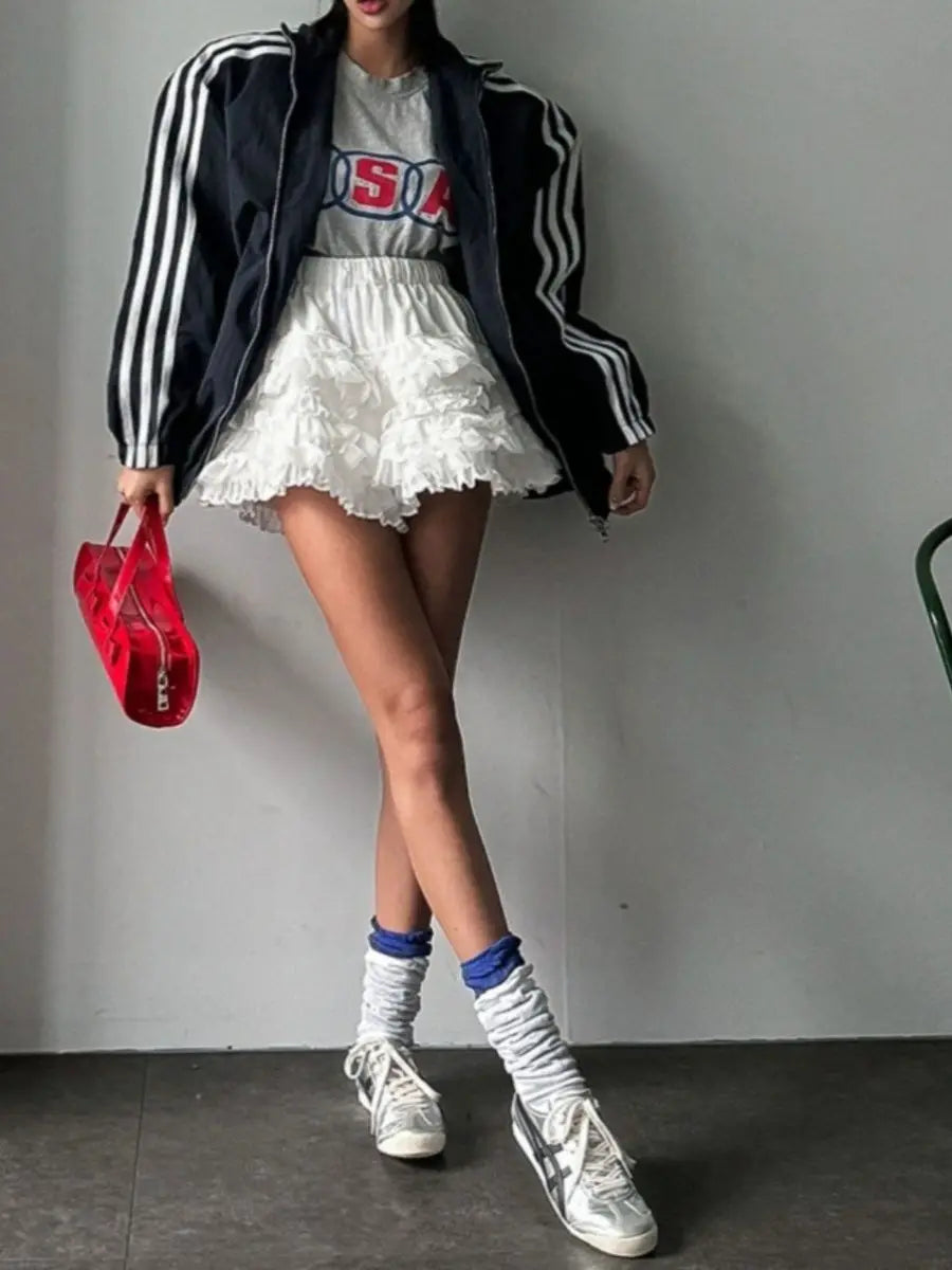 MQTIME - Korean Style Summer New Academy Style White Cake Shorts Lace Sweet Cool Girl High Waist Slimming Fluffy Short Skirts for Women
