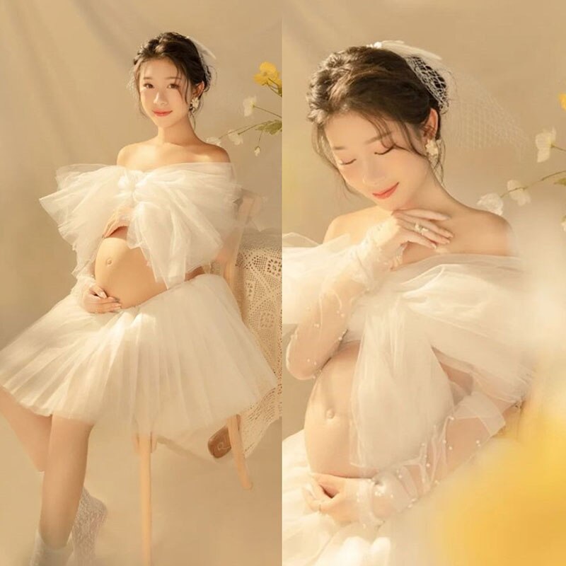nvxiot Maternity Dress Set for Photo Shoot Summer Sexy Shoulderless White Tulle Top+ Skirt 2 Pieces Set for Pregnant Women Photography
