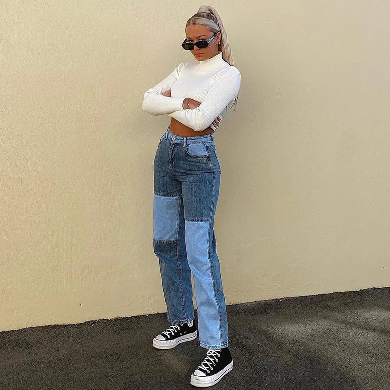 nvxiot Summer new straight leg jeans women'sEurope and the United States hip-hop street color splicing thin casual jeans and trousers