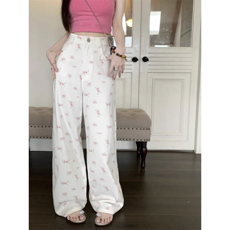 nvxiot Korean Floral Printed Sexy Slim Casual Jeans Women Summer New High Waist Fashion All Match Wide Leg Pants