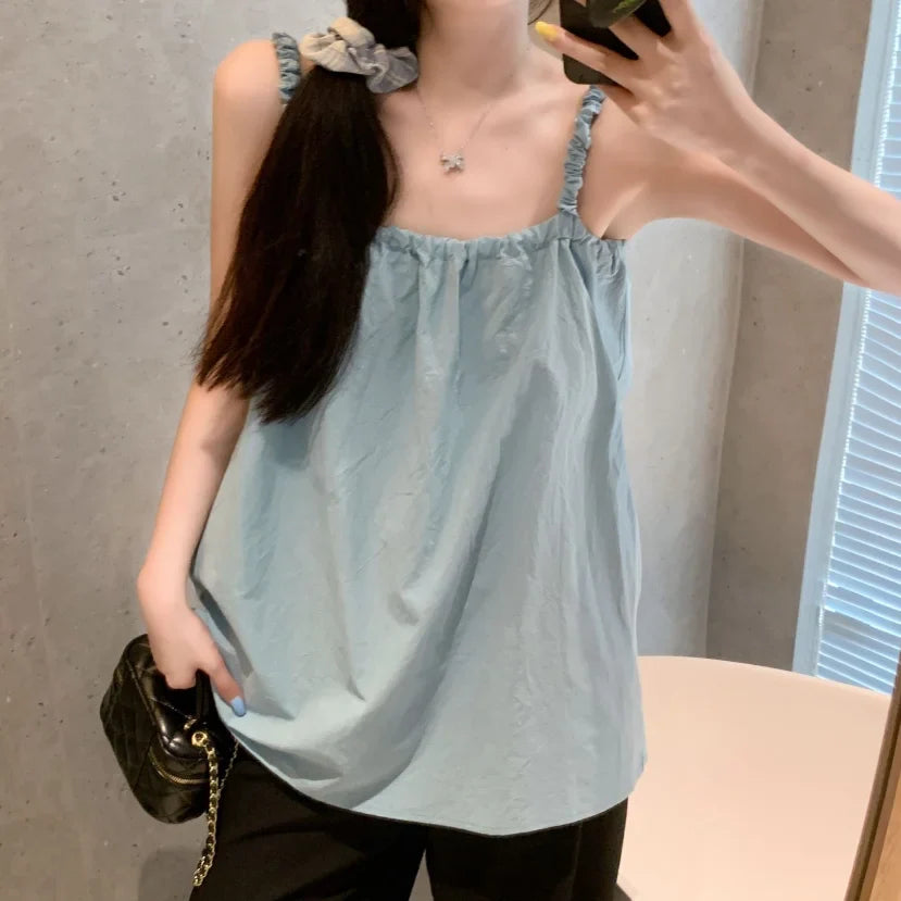 nvxiot - 2024 Summer Dopamine Versatile Slimming Tank Top Bow Top with One Line Neck Beach Style Long Top Sweet Girl Style