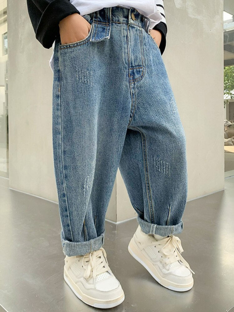 nvxiot Jeans for Boys Autumn Blue Fashion All-match Young Children's Casual Pants Winter Fleece Thick Kids Trousers 10 12 13 Years