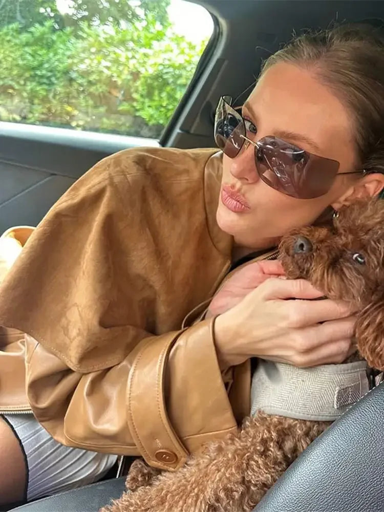 MQTIME - Women's Fashion Brown Pu Leather Bomber Jacket Vintage Long Sleeve Zipper Button Belt Coat Lady Autumn Chic Commute Outwear