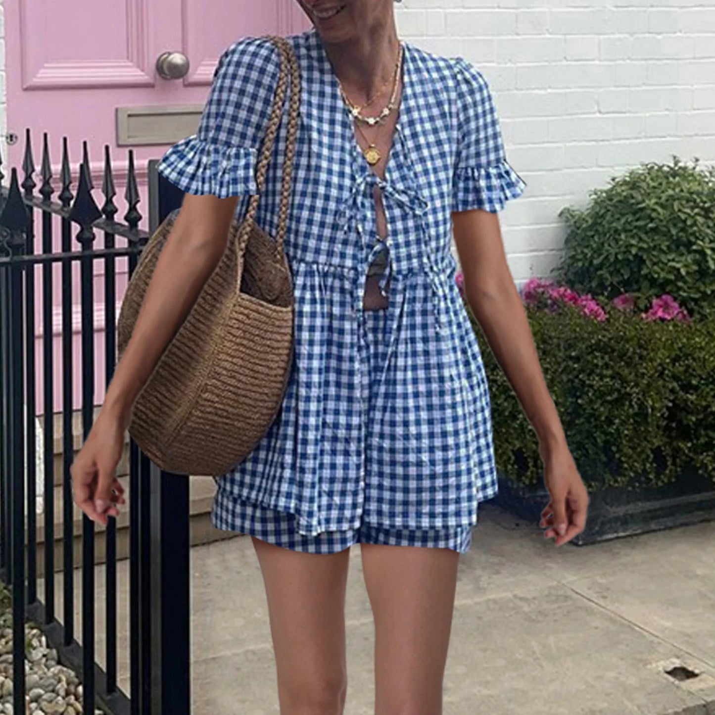 nvxiot - Women's Summer Plaid Outfits Ruffled Short Sleeve Tie-Up Front Peplum Tops with Elastic Waist Shorts Set Streetwear