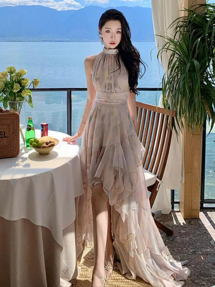 nvxiot - Summer Retro Print Halter Sleeveless Backless Slim Bodycon Birthday Dress Women Party Elegant Irregular Pleated Long Dress