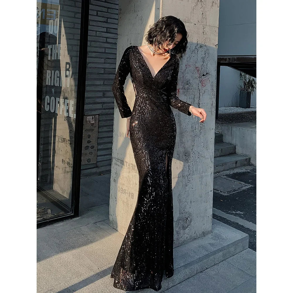 MQTIME - Sexy Black Mermaid Banquet Dress Deep V-Neck Beading Backless High Slit Floor Length Formal Evening Dresses Maxi Vestido
