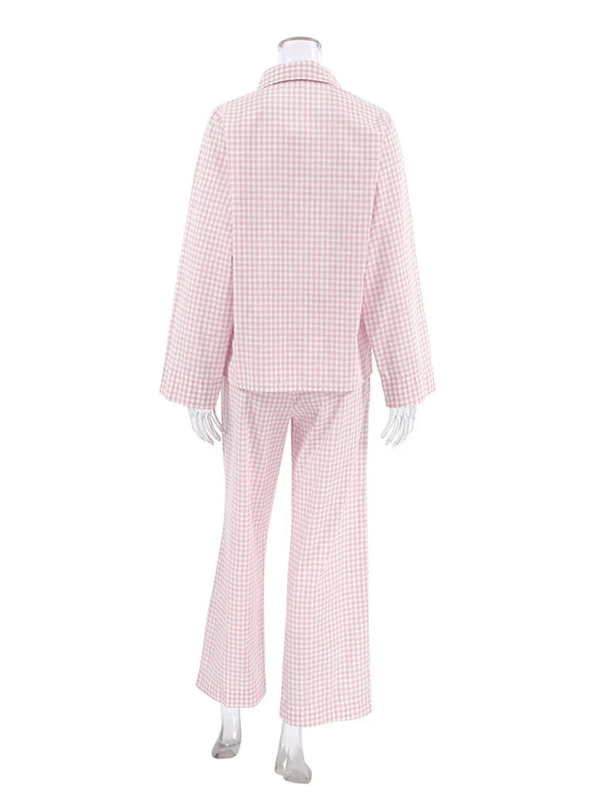 MQTIME - Marthaqiqi Plaid Women Nightwear Suit Long Sleeve Nightgowns Turn-Down Collar Sleepwear Wide Leg Pants Ladies Pajama 2 Piece Set