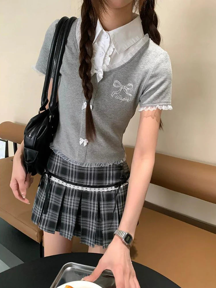 MQTIME - Harajuku Plaid Pleated Skirts for Women Kawaii Lace Mini Skirt with Bow Preppy Style Korean Fashion Uniform Clothes Chic