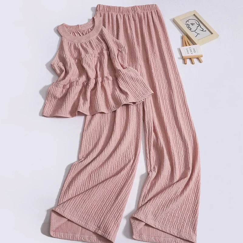 nvxiot - Summer New Sweet Ruffles O Neck Sleeveless Tops High Waist Loose Casual Straight Pants Fashion Two-piece Set for Women Outfits
