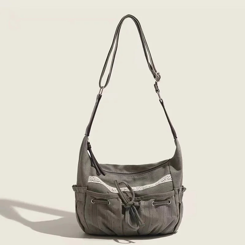 nvxiot - Sweet Cool Bow Canvas Shoulder Bags Women Vintage Drawstring Chic Casual Crossbody Bag Ladies Retro Messenger Bag Bolsos
