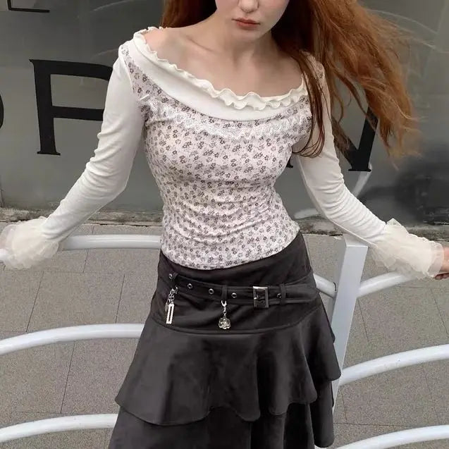 MQTIME - Mesh Fungus Ruffle Flower Graphic Slim Top Off Shoulder T-Shirt Women Fall T Shirt harajuku fairycore 2000s y2k grunge aesthetic