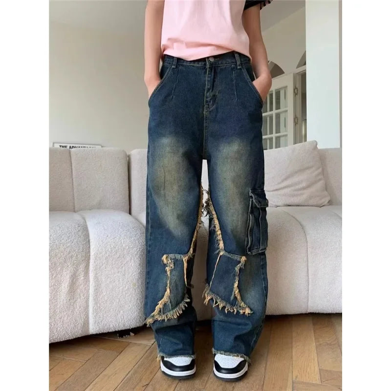 nvxiot Vintage Frayed Star Y2K Splicing Casual Jeans Women Winter New High Waist Distressed Washed Loose Denim Wide Leg Pants