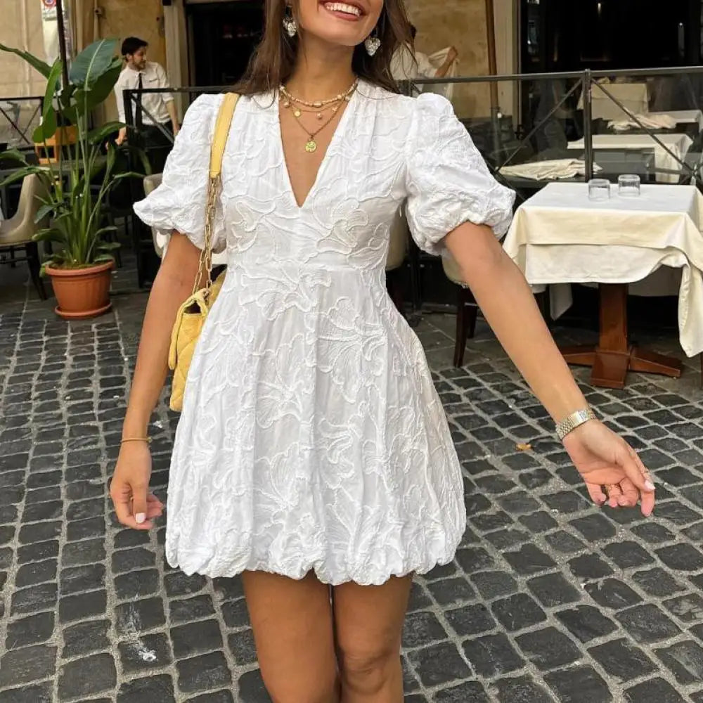 MQTIME - Solid Floral Embroidered Voluminous Mini Dress V-Neck Puff Sleeve White Tutu Mini Dress Woman Elegant Party Holiday Wear