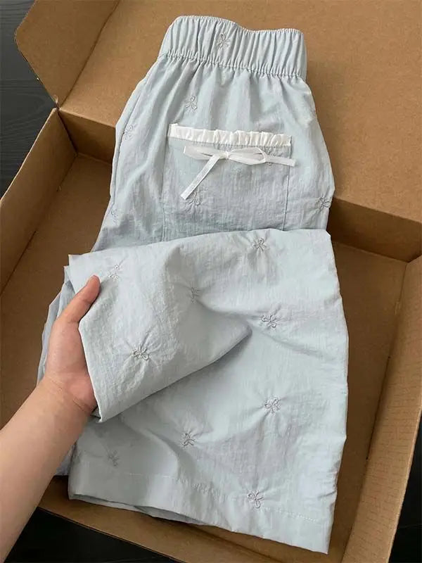 MQTIME - Embroidered Bow Elastic Waistband Straight Leg Light Blue Women's Pants 2024 #korean woman cloth summer y2k e-girl fairycore 00s