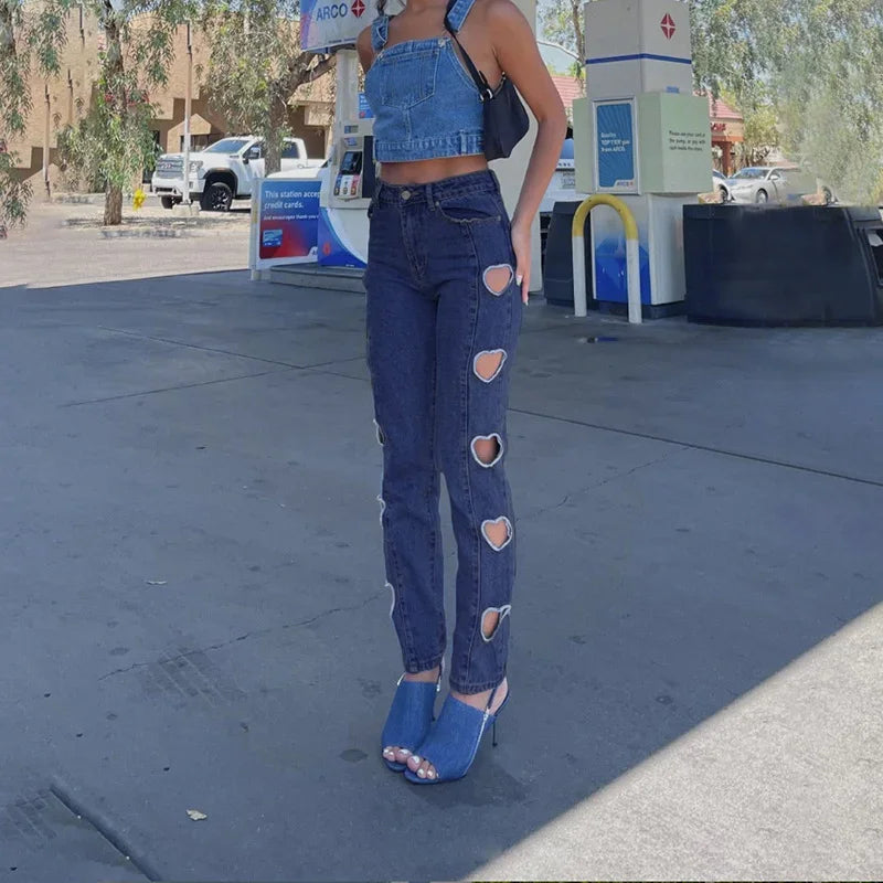 nvxiot - Y2K Heart-shaped High-waist Straight-leg Cut-out Ripped Jeans Women's Korean Slim-fit Trousers Casual Pants Streetwear Summer