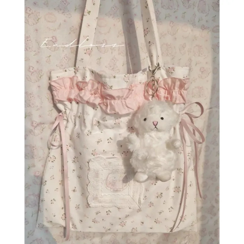 MQTIME - Fairycore Floral White Shoulder Bags Women Sweet Cute Drawstring Canvas Tote Bag Ladies Harajuku Aesthetic Handbag Y2k