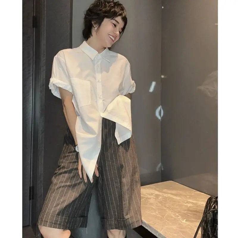 nvxiot - Summer New Versatile Casual Suit Shorts for Women Korean Fashion Stripe High Waist Slimming Split Knee Length Pants Women Trendy