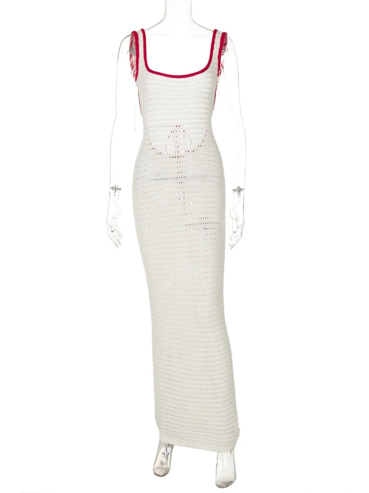 nvxiot - Knit Contrast Backless Long Dress Female Lace-Up Slim Patchwork Beach Holiday High Waist Dress Women's Knitwear Maxi Dress