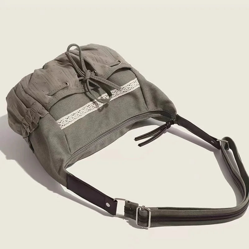 nvxiot - Sweet Cool Bow Canvas Shoulder Bags Women Vintage Drawstring Chic Casual Crossbody Bag Ladies Retro Messenger Bag Bolsos