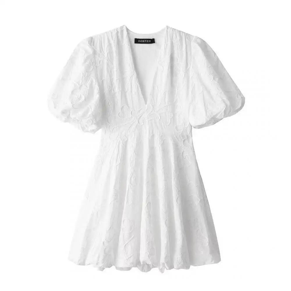 MQTIME - Solid Floral Embroidered Voluminous Mini Dress V-Neck Puff Sleeve White Tutu Mini Dress Woman Elegant Party Holiday Wear