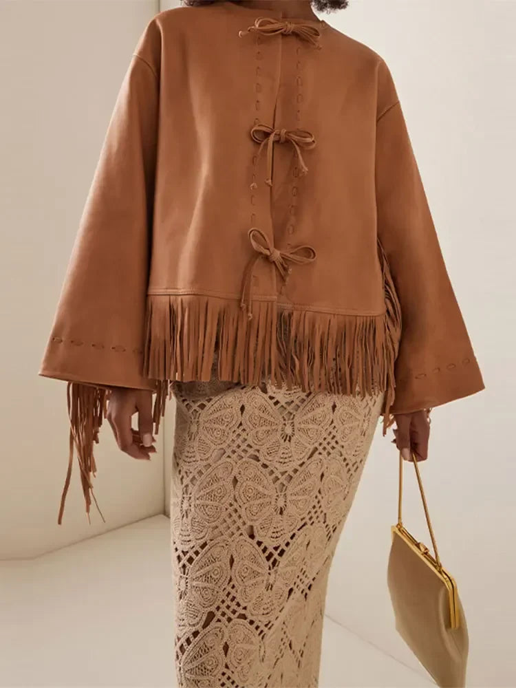 nvxiot - Fashion O Neck Tassels Patchwork Jackets For Women Solid Bow Lace Up Long Sleeves Outerwear 2024 Autumn New Lady Street Coats