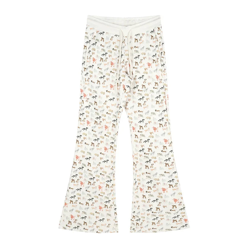 nvxiot 2024 Spring New Korean Contrast Color Patchwork Casual Long-sleeved T-shirt Women + Puppy Printed Wide Leg Pants Two-piece Suit