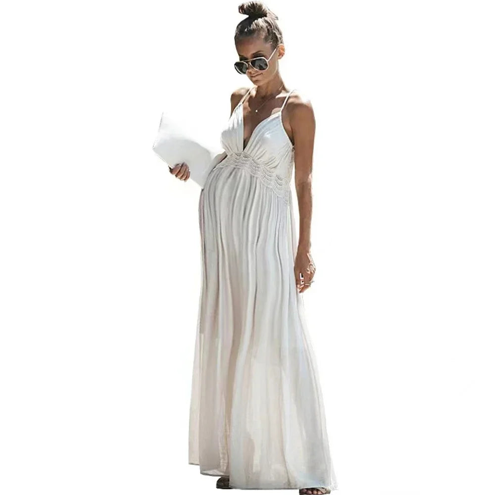 MQTIME - Lace Backless Maternity Dresses for Baby Showers Boho Pregnant Dress V-neck Suspender Bohemian Photo Shooting Pregnancy Dress